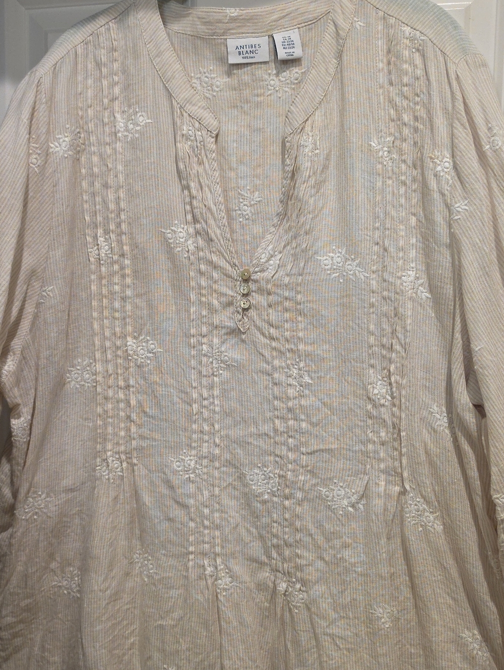 Antibes Blanc Cream/Tan Embroidered Linen Tunic 2x
